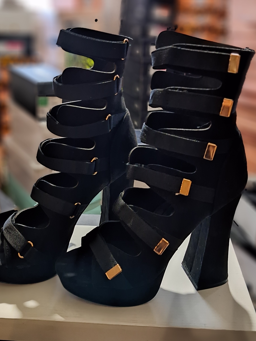 So Me Black Strappy Block Heel Sandals with Gold Accents